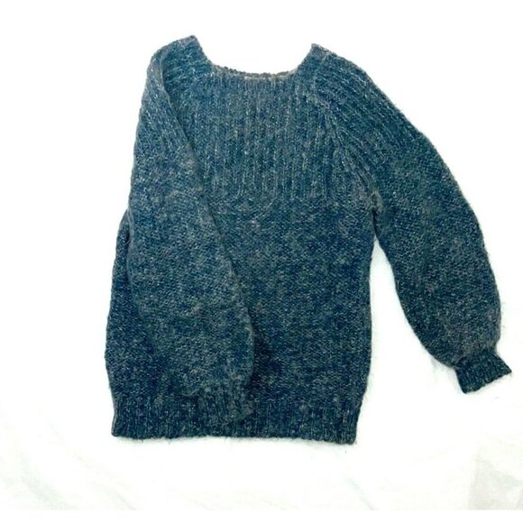 Hand Knit Sweater Womens Crew Neck Knit Cuff Metallic Thread Blue Silver - Picture 10 of 14